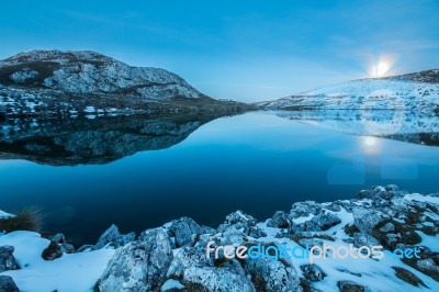 Full Moon In The Lakes Of Covadonga Stock Photo