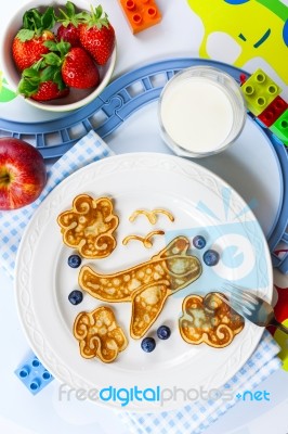 Fun Airplane Shaped Pancake For Kids Stock Photo