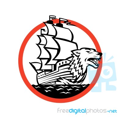 Galleon Ship Wolf On Bow Circle Retro Stock Image