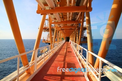 Gangway Or Walk Way In Oil And Gas Construction Platform, Oil And Gas Process Platform, Remote Platform For Production Oil And Gas, Construction In Offshore Stock Photo