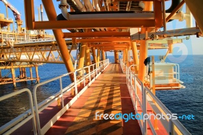 Gangway Or Walk Way In Oil And Gas Construction Platform, Oil And Gas Process Platform, Remote Platform For Production Oil And Gas, Construction In Offshore Stock Photo