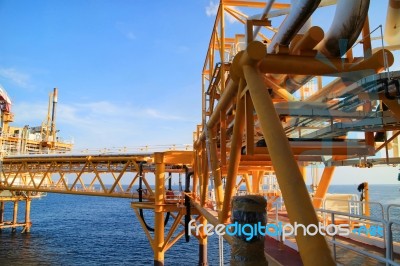 Gangway Or Walk Way In Oil And Gas Construction Platform, Oil And Gas Process Platform, Remote Platform For Production Oil And Gas, Construction In Offshore Stock Photo