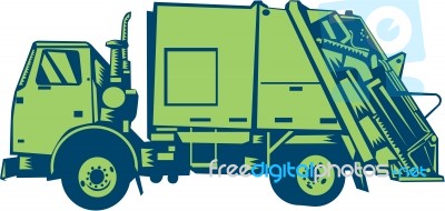 Garbage Truck Rear End Loader Side Woodcut Stock Image