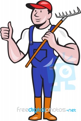 Gardener Farmer Hold Rake Thumbs Up Cartoon Stock Image