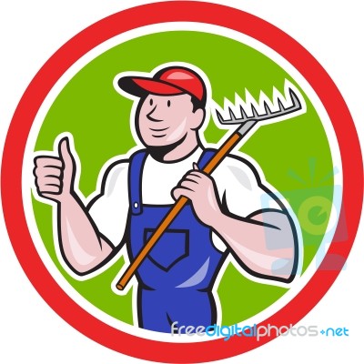 Gardener Farmer Holding Rake Thumbs Up Cartoon Stock Image