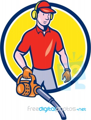 Gardener Landscaper Leaf Blower Circle Cartoon Stock Image