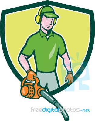 Gardener Landscaper Leaf Blower Crest Cartoon Stock Image