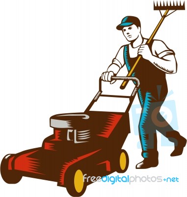 Gardener Lawn Mower Rake Woodcut Stock Image