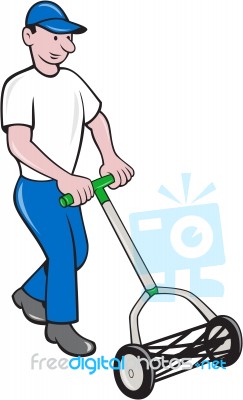 Gardener Mowing Lawn Cartoon Stock Image