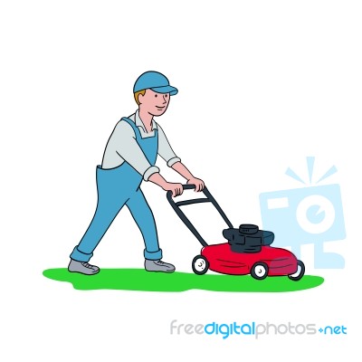 Gardener Mowing Lawn Cartoon Stock Image