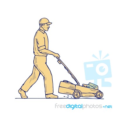 Gardener Mowing Lawnmower Drawing Stock Image