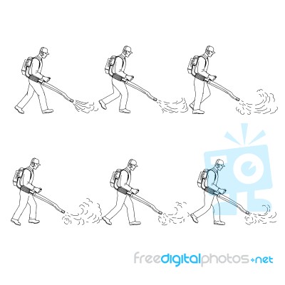 Gardener With Leaf Blower Walk Sequence Drawing Stock Image