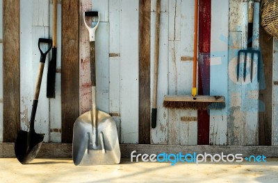 Gardening Tool Hang On Wall Stock Photo