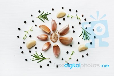 Garlic With Herb Isolated On White Background Stock Photo