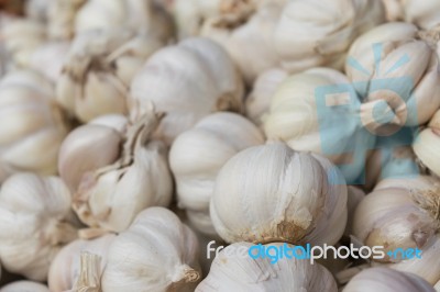 Garlics In Close Up View From Market Street Stock Photo