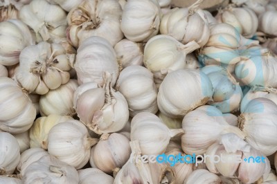 Garlics In Close Up View From Market Street Stock Photo