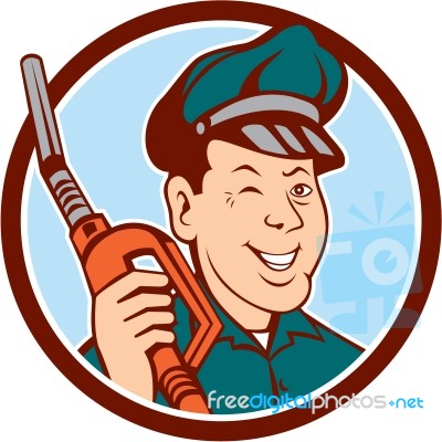 Gas Attendant Nozzle Winking Circle Cartoon Stock Image