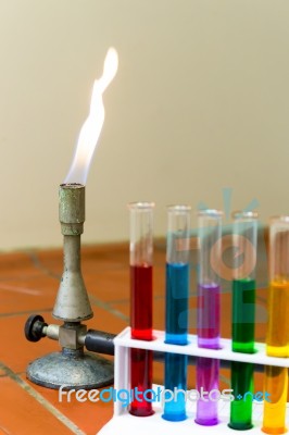 Gas Burner With Colored Test Tubes Stock Photo