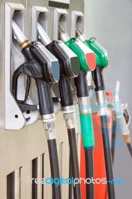 Gas Station With Pistol Grips For Gasoline And Diesel Stock Photo