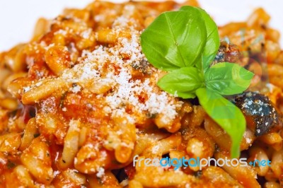 Gemelli Pasta With Homemade Tomato And Zucchini Sauce Stock Photo