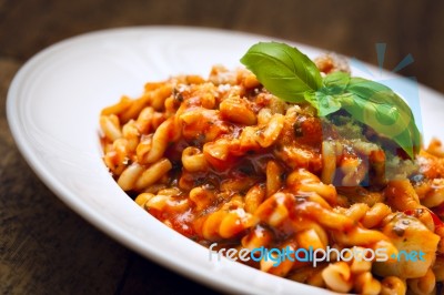 Gemelli Pasta With Homemade Tomato And Zucchini Sauce Stock Photo