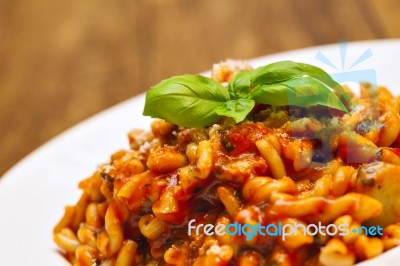 Gemelli Pasta With Homemade Tomato And Zucchini Sauce Stock Photo