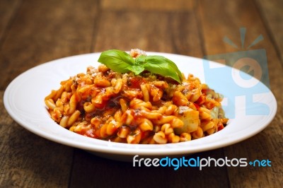 Gemelli Pasta With Homemade Tomato And Zucchini Sauce Stock Photo