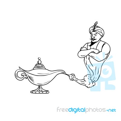 Genie Coming Out Of Oil Lamp Black And White Drawing Stock Image