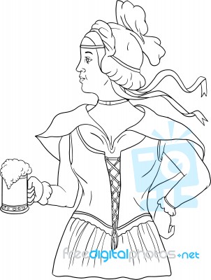 German Barmaid Serving Beer Drawing Stock Image