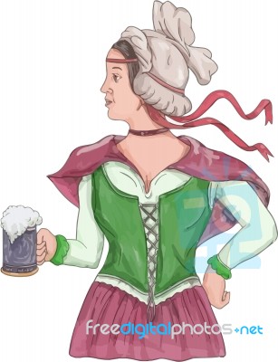 German Barmaid Serving Beer Watercolor Stock Image