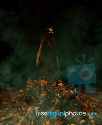 Ghost Woman Behind Piles Of Human Bones In The Dark,3d Illustration Stock Image