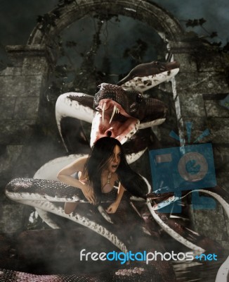 Giant Fantasy Snake Attack A Woman,3d Mixed Media Stock Image