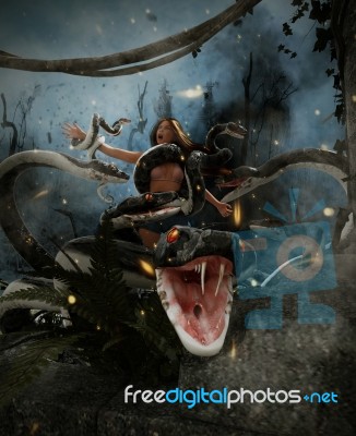 Giant Fantasy Snake Attack A Woman,3d Mixed Media For Book Illustration Stock Image