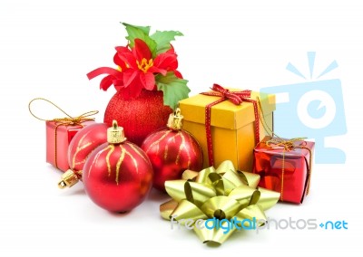 Gift Box And Christmas Baubles Stock Photo