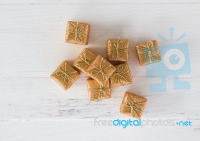 Gift Box Decoration On Wooden Floor Background For Seasonal Holidays Concept Ideas  Stock Photo