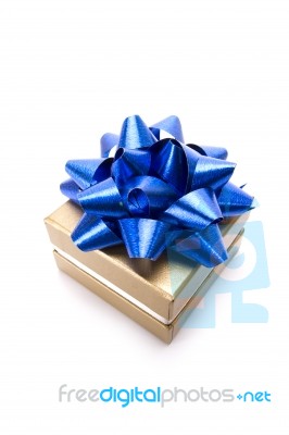 Gift Box With Blue Ribbon Bow Stock Photo