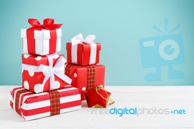 Gift Boxes On Wood Table Stock Photo