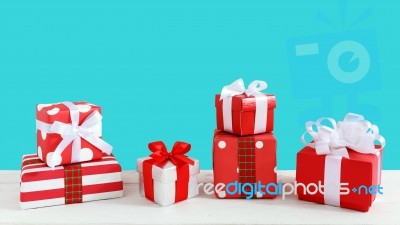 Gift Boxes On Wood Table Stock Photo