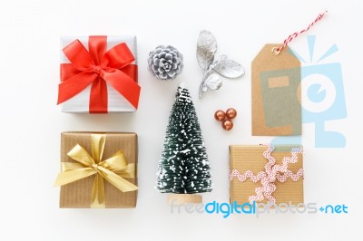 Gift Boxes With Christmas Tree On White Stock Photo