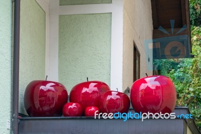 Gigantic Red Apples On A Shop In St Wolfgang Stock Photo