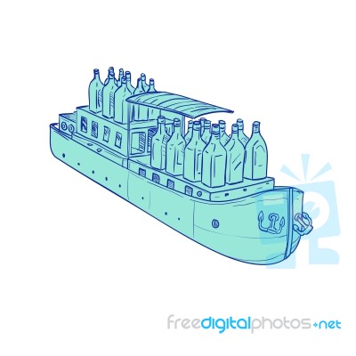 Gin Bottles On Barge Boat Drawing Stock Image