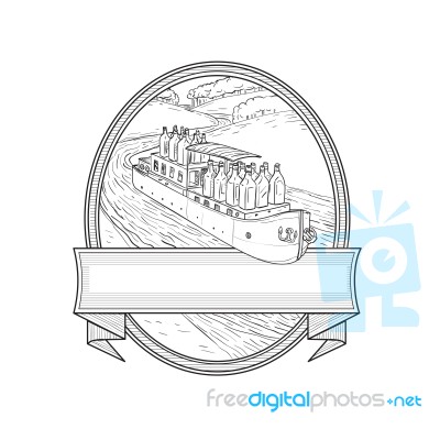 Gin Bottles On Barge River Oval Line Drawing Stock Image