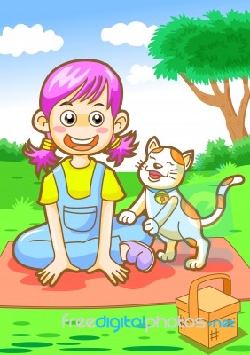 Girl And Cat Stock Image