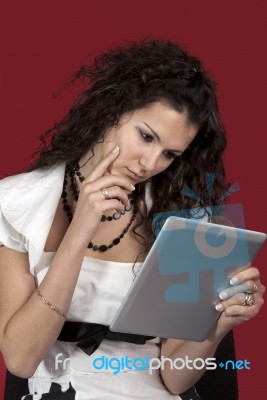 Girl  And Portable Computer Stock Photo