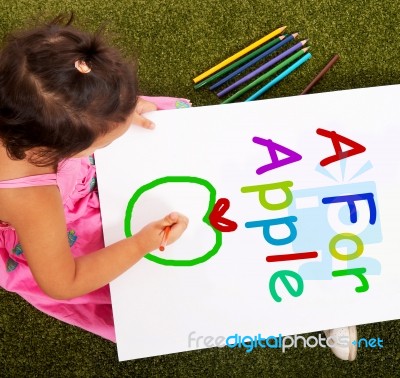 Girl Drawing Apple Shows Learning Stock Photo