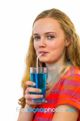 Girl Drinking Soda With Straw Stock Photo