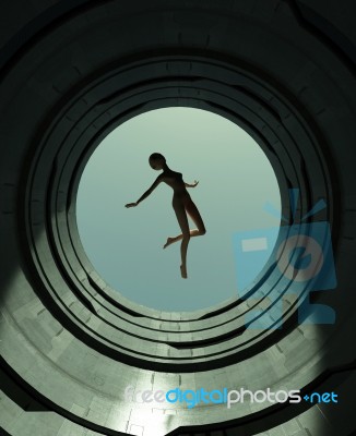 Girl Floating Above The Open Wall Of Modern Block,fantasy Scifi Stock Image