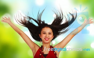 Girl Flying With Stretching Hands Stock Photo