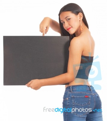 Girl Holding Blank Board Stock Photo