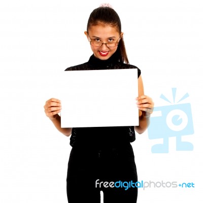 Girl Holding Blank White Card Stock Photo